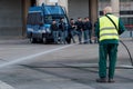 MILAN, ITALY - OCTOBER 9 , 2017: Cleaner washes street