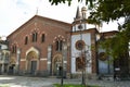 Milan, Italy, October 2021: Facade of Basilica of Sant\'Eustorgio. Royalty Free Stock Photo
