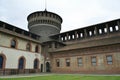 Milan, Italy, October 2021: Inner courtyard side of the walls and round corner tower in the Sforza\'s Castle