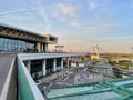 Milan, Italy, 12.04.2022. Panoramic view of terminal 1, drop off and pick up area and bridge at Malpensa airport.