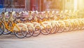 Milan, Italy - 14.08.2018: Rental and parking bicycles in the c