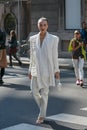 Mary Leest with white jacket and trousers before Sportmax fashion show, Milan Fashion Week