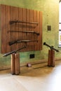 The stand with century flintlock weapons and hand guns - exhibit at the museum of the Sforzesco Castle - Castello Sforzesco in