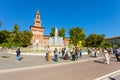 MILAN, ITALY - September 07, 2016: View on the Fountain of Piazza Castello Piazza Castello Springbrunnen and the Tower Royalty Free Stock Photo