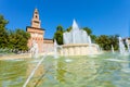 MILAN, ITALY - September 07, 2016: View on the Fountain of Piazza Castello Piazza Castello Springbrunnen and the Tower Royalty Free Stock Photo