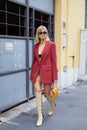Xenia Adonts before Boss fashion show, Milan Fashion Week street style