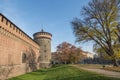Milan, Italy - Sforzesco castle tower and wall - December 2015 Royalty Free Stock Photo