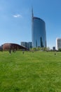 MILAN, ITALY, 05/06/2019: vertical photo of the Unicredit Tower and the Unicredit Pavillion in Gae Aulenti square in Milan,