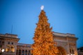 Milan, Italy 18.12.2023 in winter. Christmas tree in front of Milan cathedral, Duomo square in december, evening view Royalty Free Stock Photo