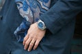 Man with Breitling watch with blue jacket before Fendi fashion show, Milan Fashion Week street style on