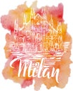 Milan label with hand drawn Milan Cathedral, lettering Milan on watercolor stain Royalty Free Stock Photo