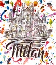 Milan label with hand drawn Milan Cathedral, lettering Milan Royalty Free Stock Photo