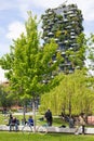 Milan, Lombardy, Italy - MAY, 5, 2024: Biblioteca degli Alberi Park with Bosco Verticale skyscraper in the background Royalty Free Stock Photo
