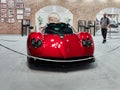 Milan, Lombardy Italy - November 23 , 2018 - Front of red Pagani Zonda 5 with Mercedes-Benz Motor 7291cc in Autoclassica Milano 20