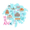 Milan map, buildings of world famous places. Italy. Cartoon doodle art for design. Traditional symbols full color vector