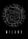 Milan map vector black poster. Round circular view, street map of Milan city illustration