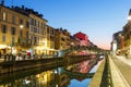Milan Navigli Milano restaurant and bar district travel traveling holidays vacation town blue hour in Italy Royalty Free Stock Photo