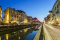 Milan Navigli Milano restaurant and bar district travel traveling holidays vacation town blue hour in Italy Royalty Free Stock Photo