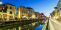 Milan Navigli Milano restaurant and bar district travel traveling holidays vacation town blue hour panorama in Italy Royalty Free Stock Photo