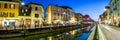 Milan Navigli Milano restaurant and bar district travel traveling holidays vacation town blue hour panorama in Italy Royalty Free Stock Photo