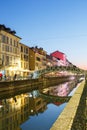 Milan Navigli Milano restaurant and bar district travel traveling holidays vacation town blue hour portrait format in Italy Royalty Free Stock Photo