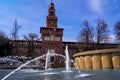 Milan - Scenic view of Corner tower of Sforza Castle (Castello Sforzesco) in the historic city center of Milan Royalty Free Stock Photo