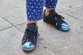 Man with black Adidas shoes with blue point before Cristiano Burani fashion show, Milan Fashion Week street