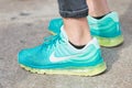 Man with turquoise Nike Airmax shoes with yellow soles before Gabriele Colangelo fashion show, Milan Fashion