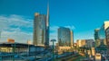 Milan skyline with modern skyscrapers in Porta Nuova business district timelapse in Milan, Italy, at sunset. Royalty Free Stock Photo