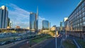 Milan skyline with modern skyscrapers in Porta Nuova business district timelapse in Milan, Italy, at sunset. Royalty Free Stock Photo