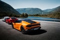 Miland, Norway. 04.06.2016: Lamborghini Huracan, Ferrari F12 and Mclaren 650s