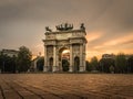 Milano city center arco della pace at sunset
