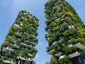 Milano, Italy. Bosco Verticale, view at the modern and ecological skyscraper with many trees on each balcony. Modern architecture