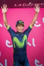 Milano, Italy May 28, 2017: Nairo Quintana, Movistar Team, celebrates his third place on the podium in Milan