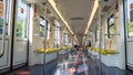 Milano, Italy. Subway wagon empty due to lockdown during Covid 19 or Coronavirus time. Few people. POV, passenger point of view