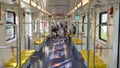 Milano, Italy. Subway wagon empty due to lockdown during Covid 19 or Coronavirus time. Few people. POV, passenger point of view