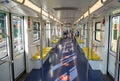Milano, Italy. Subway wagon empty due to lockdown during Covid 19 or Coronavirus time. No people. POV, passenger point of view
