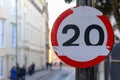 20 miles per hour mph speed limit damaged road sign Royalty Free Stock Photo