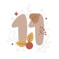 Milestone vector card with number eleven in Boho style, plants, branch, berries, leaves, stars, cute animals for boy or