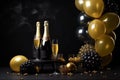 Milestone celebration with champagne toast and golden balloon decor