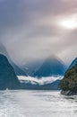 Milford Sound Piopiotahi is a famous attraction in the Fiordland National Park, New Zealand`s South island Royalty Free Stock Photo