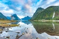 Milford Sound Piopiotahi is a famous attraction in the Fiordland National Park, New Zealand`s South island Royalty Free Stock Photo