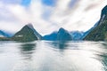 Milford Sound Piopiotahi is a famous attraction in the Fiordland National Park, New Zealand`s South island Royalty Free Stock Photo