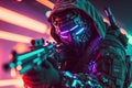 Militant cyberpunk warrior in a protective suit shooting his guns in a fight in neon light background. World of the future. Game,
