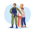 Militant protecting scared people 2D vector isolated illustration