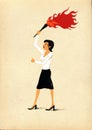 Militant woman in business clothes with a torch in hand. Illustration on tinted craft paper