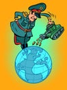 the militarist general is watering the planet Earth with war, weapons and shells from the tank are pouring like water