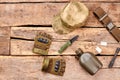 Military accessories items on wood. Royalty Free Stock Photo