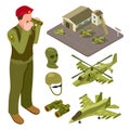 Military air force base isometric with helicopter, fighter aircraft, soldiers vector illustration Royalty Free Stock Photo