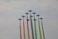 Military airbase Cameri, the Italian acrobatic team `Frecce Tricolori` during an airshow